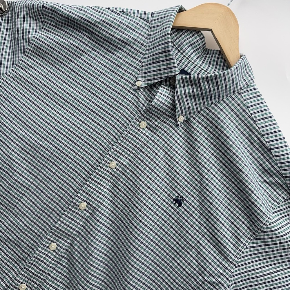 Brooks Brothers Mens 2XLT Long Sleeve Button Down Shirt Plaid Green Blue Stretch